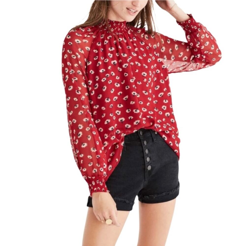 Madewell Mistlight Mock Neck Top in Seattle Floral Nouveau Red Size XS